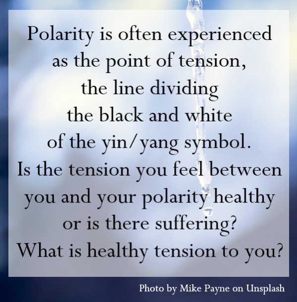 Polarity is often experienced as the point of tension, the line dividing the black and white of the yin/yang symbol. Is the tension you feel between you and your polarity healthy or is there suffering?